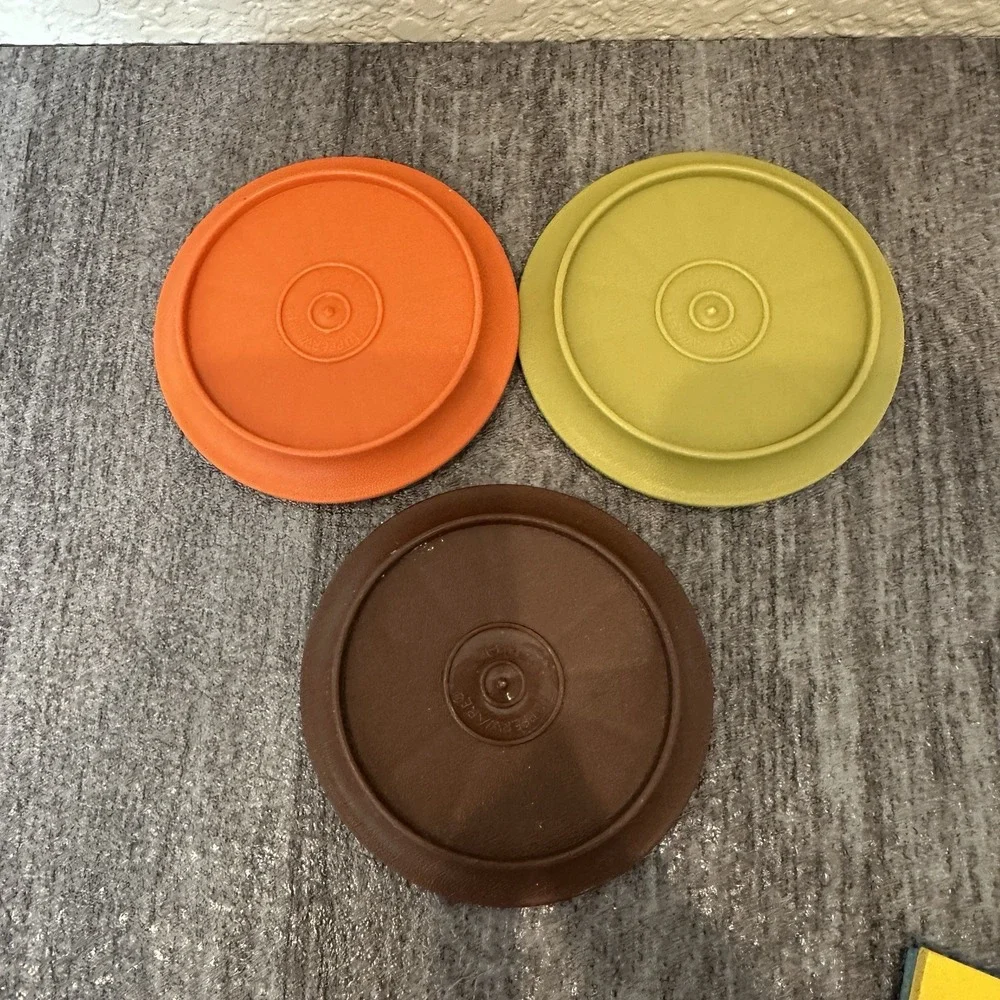 Tupperware Vintage Coffee Cup Mug Lids / Coaster Lot 3 #1313 Green Orange Brown